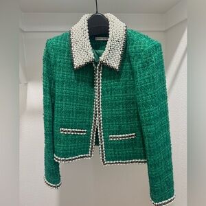 Alice + Olivia Emerald Tweed Blazer with Pearl Accents